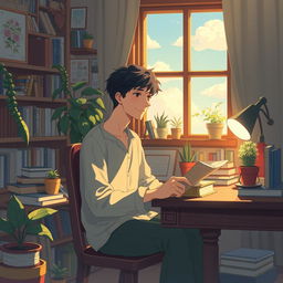 An album cover designed in a Ghibli-style, featuring a 20-year-old man in a cozy study environment