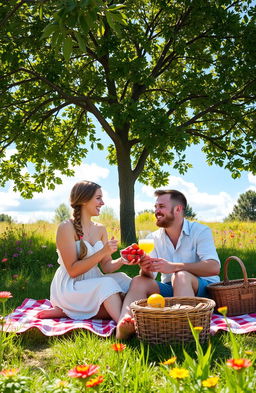 A sunny summer day in July, featuring two people enjoying a vibrant outdoor picnic