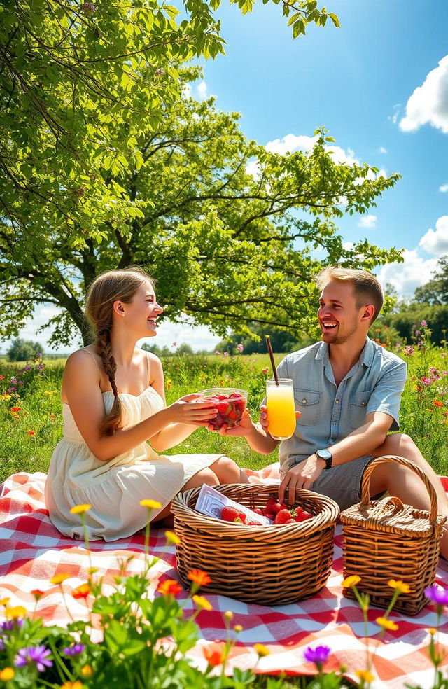 A sunny summer day in July, featuring two people enjoying a vibrant outdoor picnic