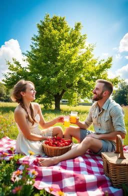 A sunny summer day in July, featuring two people enjoying a vibrant outdoor picnic