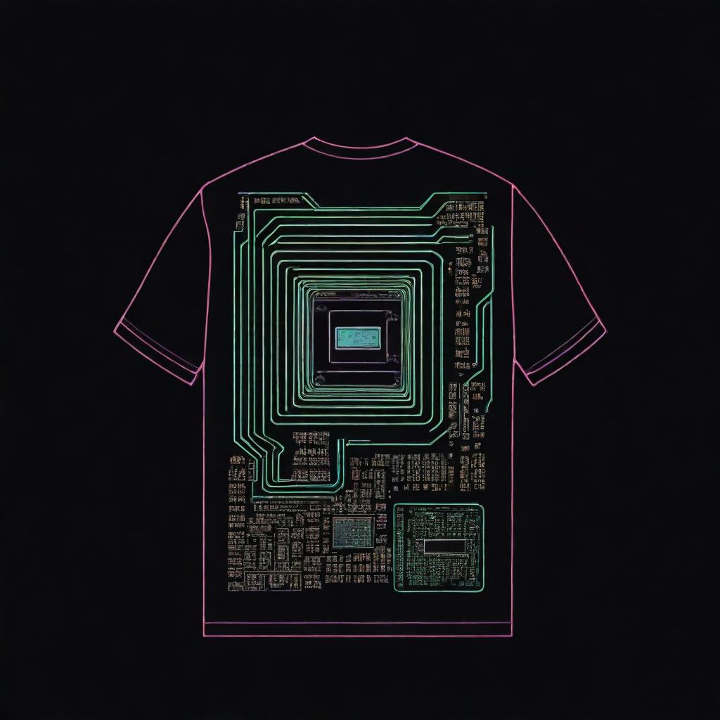 Design a retro Y2K-inspired back t-shirt graphic that represents electronics engineering. Incorporate elements such as circuit boards, chips, and other electronics iconography. Use vibrant neon colors against a dark background for the image.