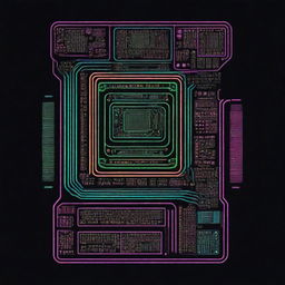 Design a retro Y2K-inspired back t-shirt graphic that represents electronics engineering. Incorporate elements such as circuit boards, chips, and other electronics iconography. Use vibrant neon colors against a dark background for the image.