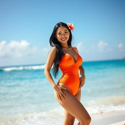 A beautiful busty Asian woman wearing a stylish one-piece swimsuit, standing on a sunny beach with a picturesque ocean backdrop