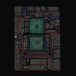 Design a retro Y2K-inspired back t-shirt graphic that represents electronics engineering. Incorporate elements such as circuit boards, chips, and other electronics iconography. Use vibrant neon colors against a dark background for the image.