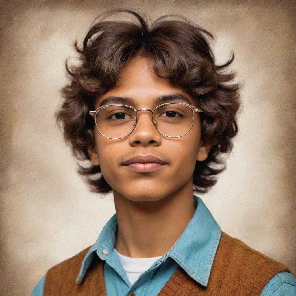 A brown-skinned Latino teenager boy from the 70s with short hair, brown eyes, messy hair and glasses, drawn in a nostalgic, vintage art style that highlights his heritage and the era's vibrancy.