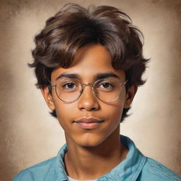 A brown-skinned Latino teenager boy from the 70s with short hair, brown eyes, messy hair and glasses, drawn in a nostalgic, vintage art style that highlights his heritage and the era's vibrancy.