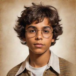 A brown-skinned Latino teenager boy from the 70s with short hair, brown eyes, messy hair and glasses, drawn in a nostalgic, vintage art style that highlights his heritage and the era's vibrancy.