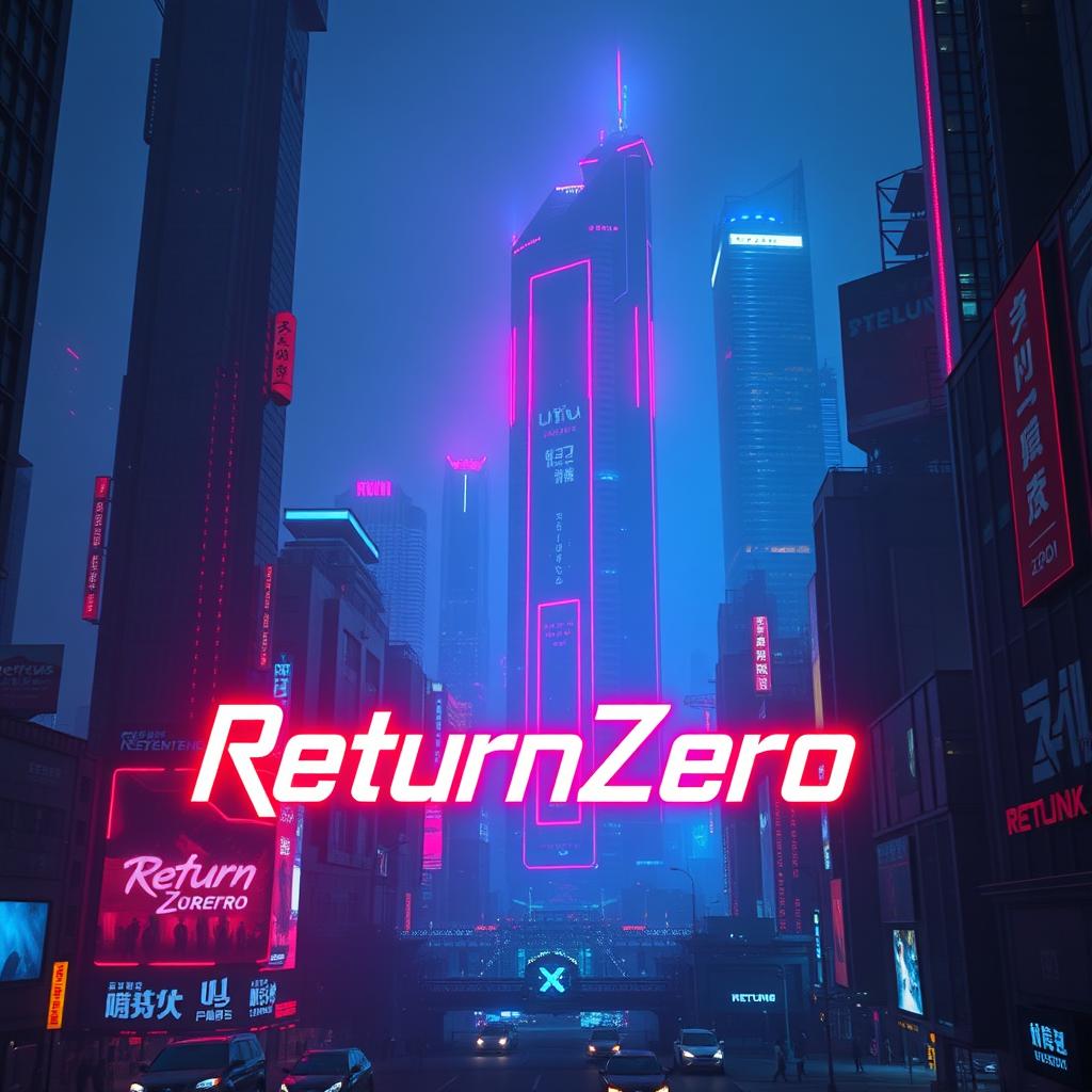 A cyberpunk dystopian cityscape at night, featuring towering skyscrapers illuminated by vibrant red and blue lights