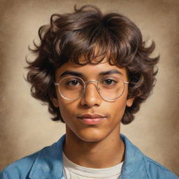 A brown-skinned Latino teenager boy from the 70s with short hair, brown eyes, messy hair and glasses, drawn in a nostalgic, vintage art style that highlights his heritage and the era's vibrancy.