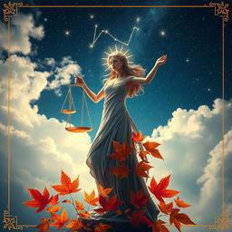 A beautiful, ethereal representation of the Libra zodiac sign, featuring a stunning celestial scene with the constellation of Libra depicted in shimmering stars