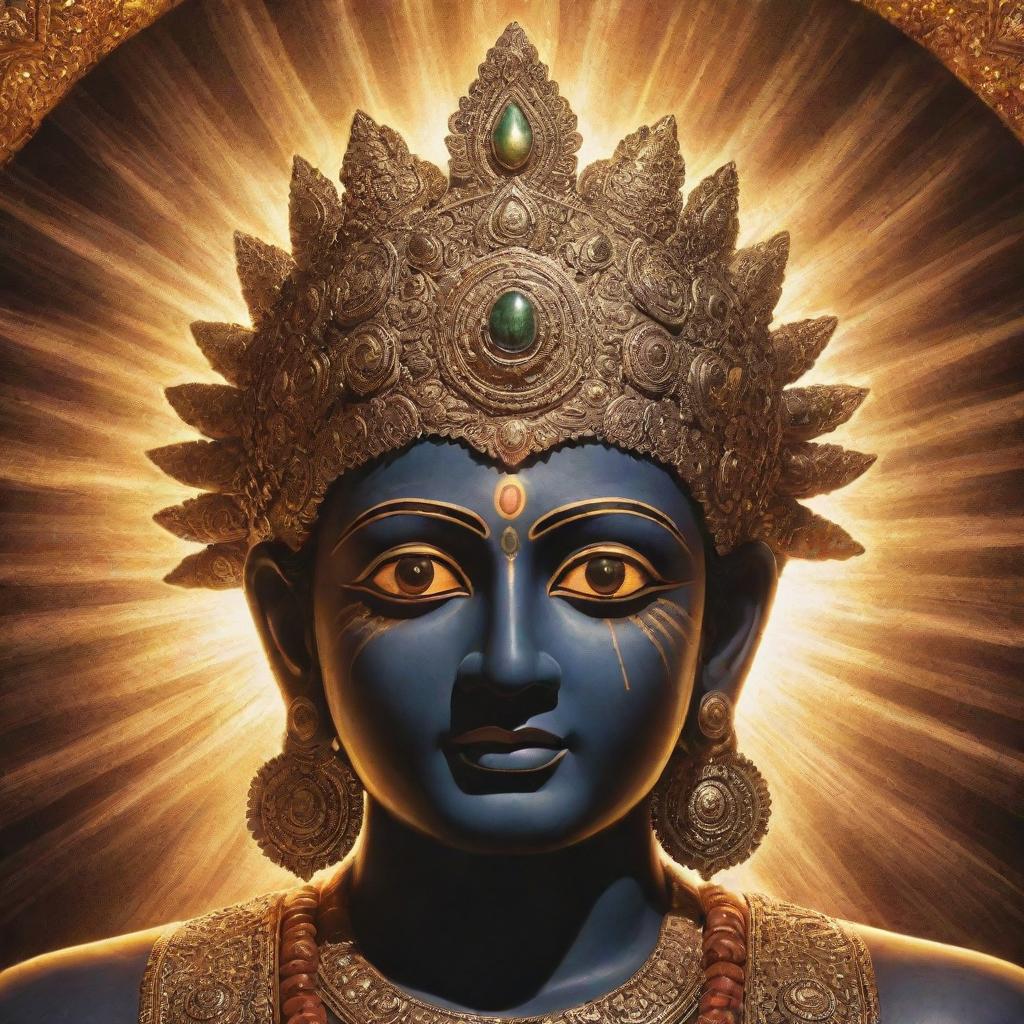 A detailed depiction of a deity with their eyes shining brightly, radiating intense divine energy.