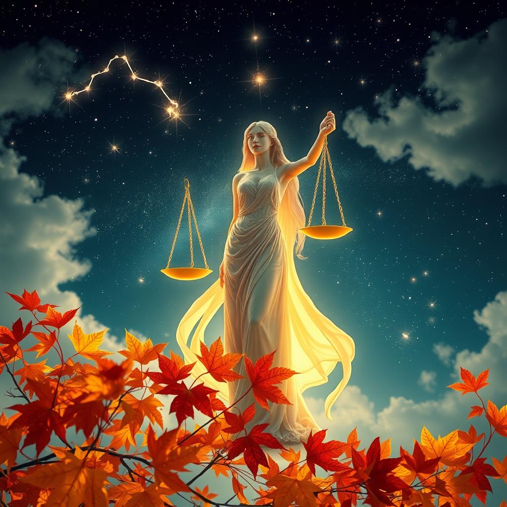 A beautiful, ethereal representation of the Libra zodiac sign, featuring a stunning celestial scene with the constellation of Libra depicted in shimmering stars