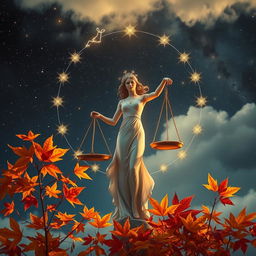 A beautiful, ethereal representation of the Libra zodiac sign, featuring a stunning celestial scene with the constellation of Libra depicted in shimmering stars