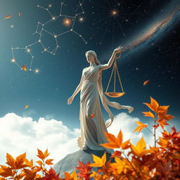 A beautiful, ethereal representation of the Libra zodiac sign, featuring a stunning celestial scene with the constellation of Libra depicted in shimmering stars