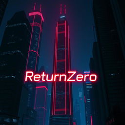 A cyberpunk dystopian cityscape at night, featuring tall skyscrapers bathed in striking red and blue lights