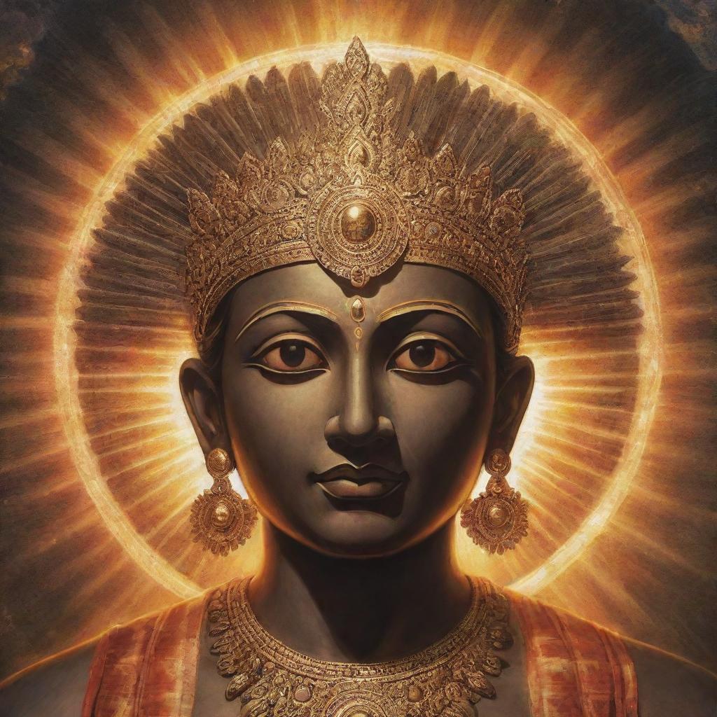 A detailed depiction of a deity with their eyes shining brightly, radiating intense divine energy.