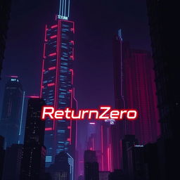 A cyberpunk dystopian cityscape at night, featuring tall skyscrapers bathed in striking red and blue lights