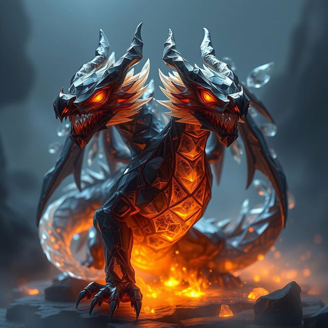 Kar'thul manifests as an imposing figure made of captivating dark and shimmering crystals, resembling a dragon in form