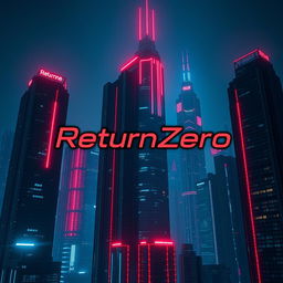 A cyberpunk dystopian cityscape at night, featuring tall skyscrapers bathed in striking red and blue lights