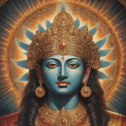 A detailed depiction of a deity with their eyes shining brightly, radiating intense divine energy.