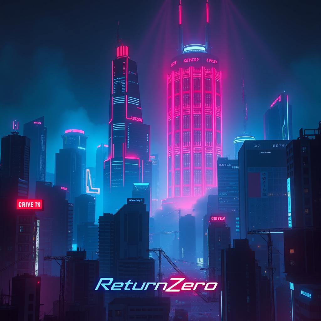 A cyberpunk dystopian cityscape at night, showcasing towering skyscrapers illuminated with striking red and blue hues