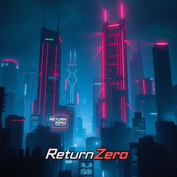 A cyberpunk dystopian cityscape at night, showcasing towering skyscrapers illuminated with striking red and blue hues