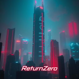 A cyberpunk dystopian cityscape at night, showcasing towering skyscrapers illuminated with striking red and blue hues