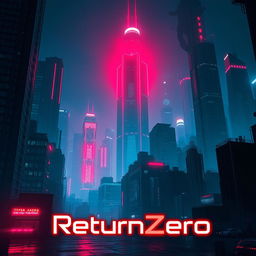 A cyberpunk dystopian cityscape at night, showcasing towering skyscrapers illuminated with striking red and blue hues