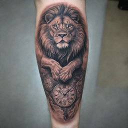 A detailed and impressive tattoo running the full length of a hand, featuring a majestic lion, an intricate clock, and a breathtaking horizon.