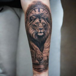 A detailed and impressive tattoo running the full length of a hand, featuring a majestic lion, an intricate clock, and a breathtaking horizon.