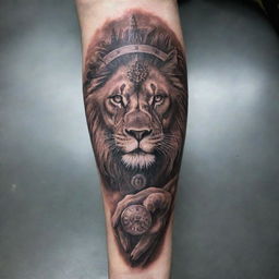 A detailed and impressive tattoo running the full length of a hand, featuring a majestic lion, an intricate clock, and a breathtaking horizon.