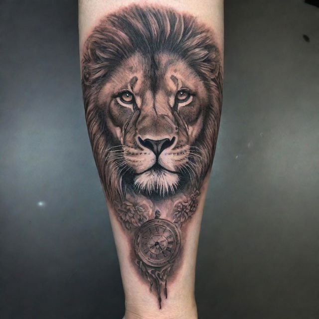 A detailed and impressive tattoo running the full length of a hand, featuring a majestic lion, an intricate clock, and a breathtaking horizon.