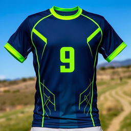 A stylish running shirt featuring a combination of deep navy blue and vibrant lime green colors