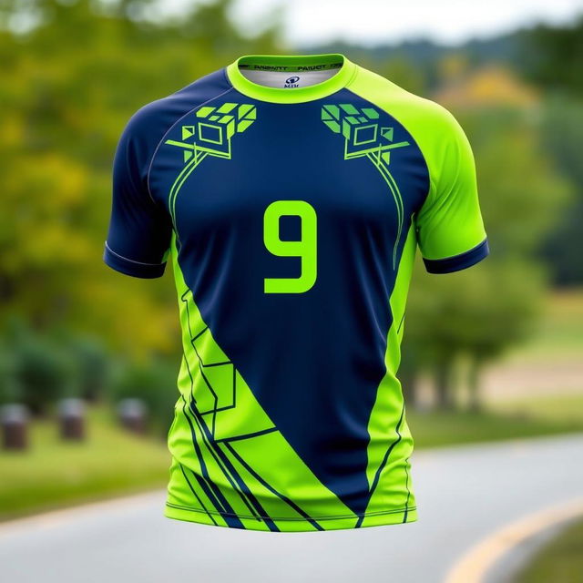 A stylish running shirt featuring a combination of deep navy blue and vibrant lime green colors