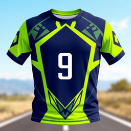 A stylish running shirt featuring a combination of deep navy blue and vibrant lime green colors