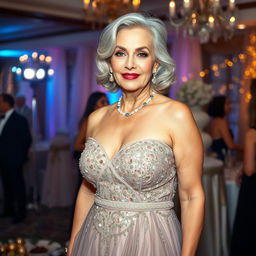 An elegant 50-year-old woman with a slightly plump body, showcasing her ample bosom, wearing a stunning party dress