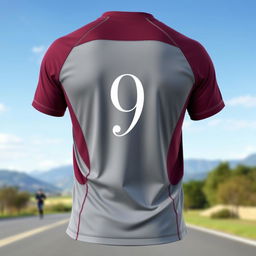 A sophisticated running shirt elegantly designed in a combination of rich burgundy and soft gray colors