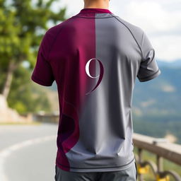 A sophisticated running shirt elegantly designed in a combination of rich burgundy and soft gray colors