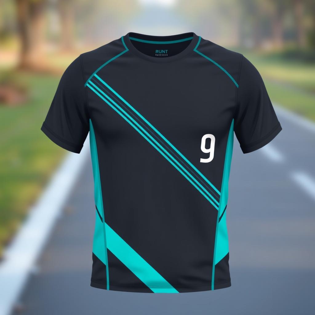 A sleek running shirt designed with a stylish combination of charcoal gray and bright teal colors