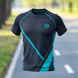 A sleek running shirt designed with a stylish combination of charcoal gray and bright teal colors