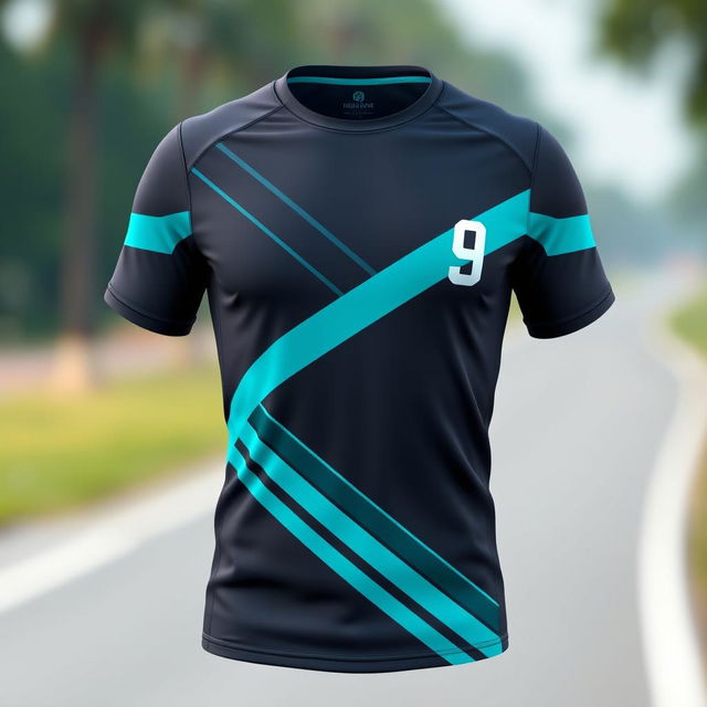 A sleek running shirt designed with a stylish combination of charcoal gray and bright teal colors