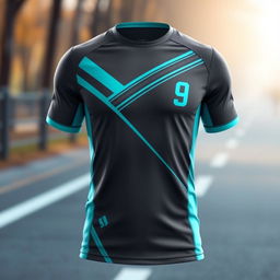 A sleek running shirt designed with a stylish combination of charcoal gray and bright teal colors