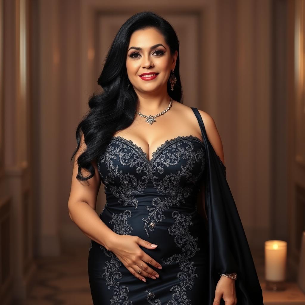 A beautiful 50-year-old woman with a slightly plump body and large breasts, wearing an exquisite evening gown