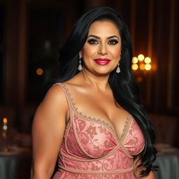 A beautiful 50-year-old woman with a slightly plump body and large breasts, wearing an exquisite evening gown