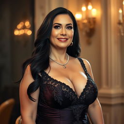 A beautiful 50-year-old woman with a slightly plump body and large breasts, wearing an exquisite evening gown