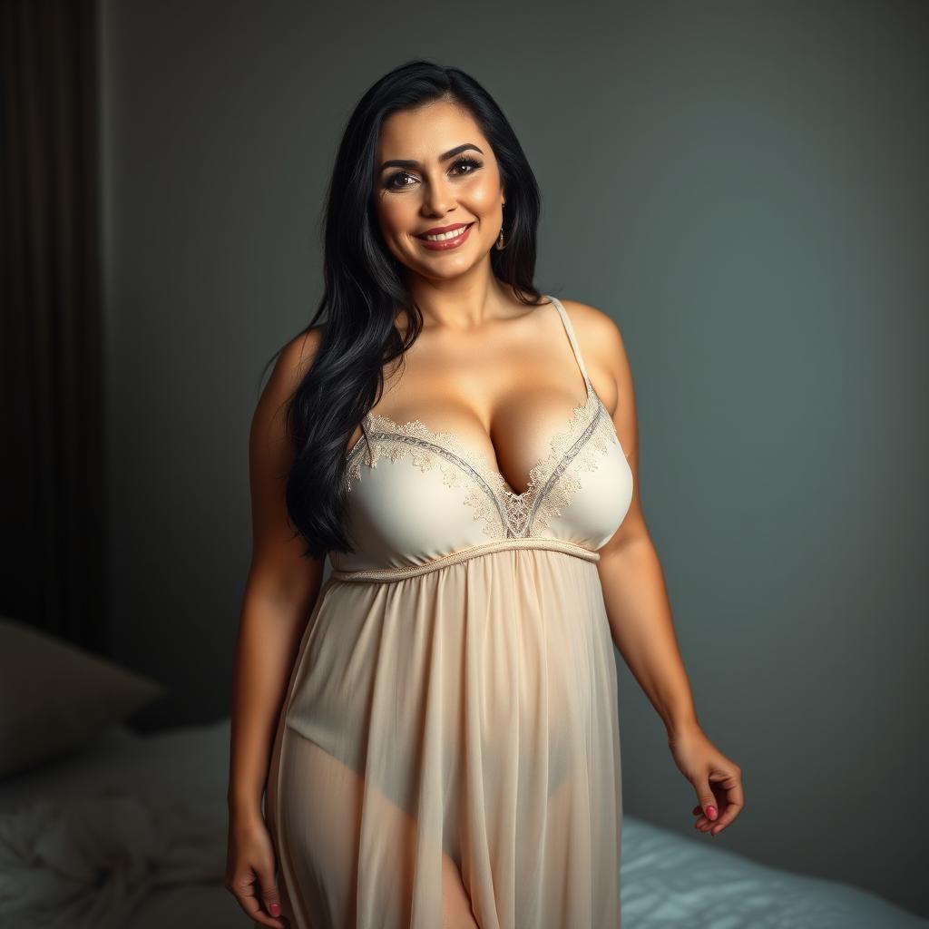 A seductive 50-year-old woman with a slightly plump body and large breasts, wearing a sexy nightgown that accentuates her curves