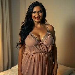 A seductive 50-year-old woman with a slightly plump body and large breasts, wearing a sexy nightgown that accentuates her curves