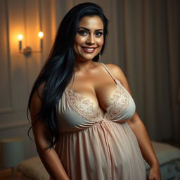 A seductive 50-year-old woman with a slightly plump body and large breasts, wearing a sexy nightgown that accentuates her curves