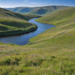 A serene landscape with rolling green hills under a bright blue sky, dotted with vibrant wildflowers and a peaceful flowing river in the foreground