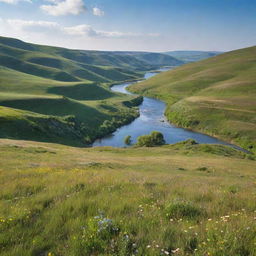 A serene landscape with rolling green hills under a bright blue sky, dotted with vibrant wildflowers and a peaceful flowing river in the foreground